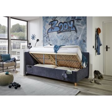 Gestoffeerd Opbergbed Fun 90 x 200 met rugleuning Donker Blauw