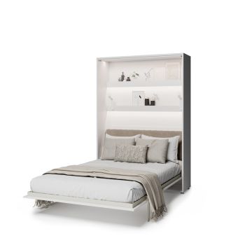Elektrisch opklapbed 140 x 200 verticaal hoogglans wit met beige hoofdbord