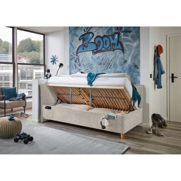 Gestoffeerd Opbergbed Fun 90 x 200 met rugleuning Beige